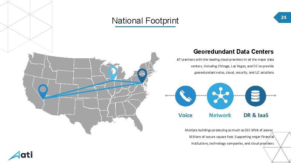 24 National Footprint Georedundant Data Centers ATI partners with the leading cloud providers in