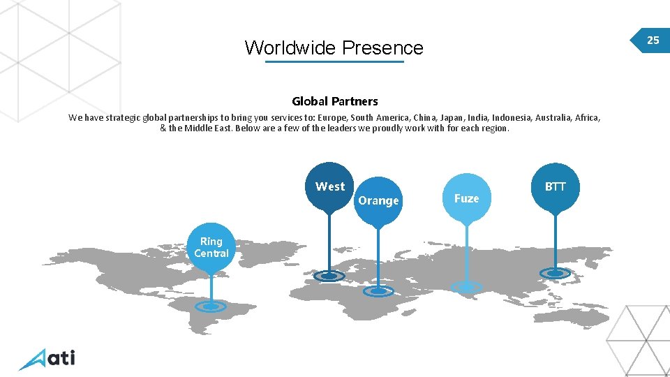 25 Worldwide Presence Global Partners We have strategic global partnerships to bring you services
