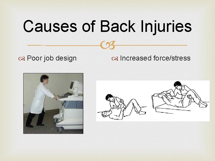 Causes of Back Injuries Poor job design Increased force/stress 