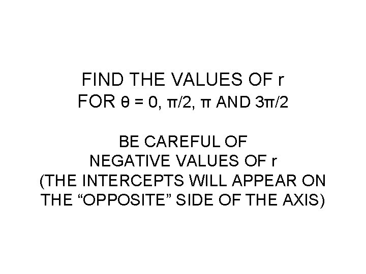 FIND THE VALUES OF r FOR θ = 0, π/2, π AND 3π/2 BE