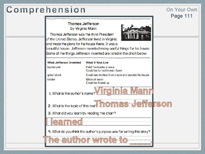 On Your Own Page 111 Virginia Mann Thomas Jefferson I learned The author wrote