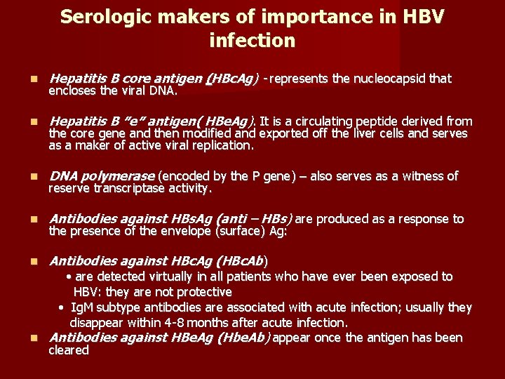 Serologic makers of importance in HBV infection Hepatitis B core antigen (HBc. Ag) -