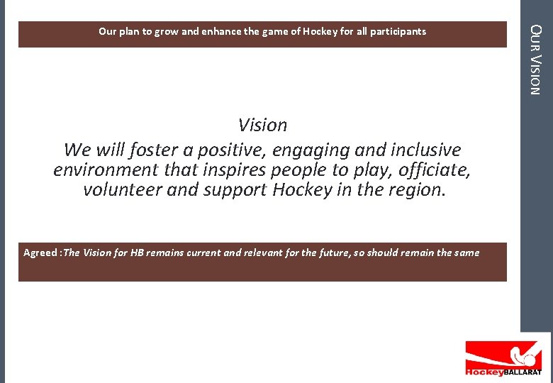 Vision We will foster a positive, engaging and inclusive environment that inspires people to