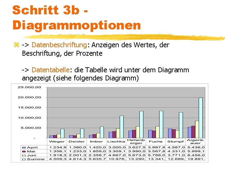 Schritt 3 b Diagrammoptionen z -> Datenbeschriftung: Anzeigen des Wertes, der Beschriftung, der Prozente