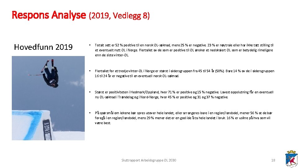 Respons Analyse (2019, Vedlegg 8) Hovedfunn 2019 • Totalt sett er 52 % positive