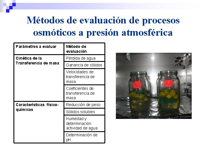 Métodos de evaluación de procesos osmóticos a presión atmosférica Parámetros a evaluar Método de