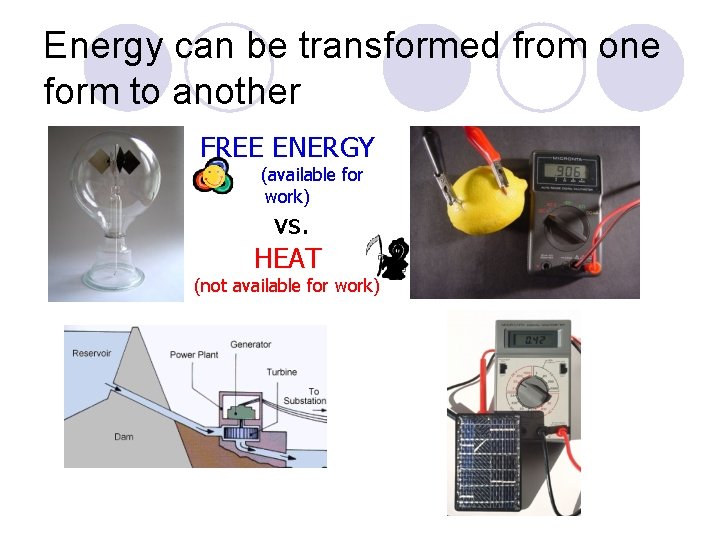Energy can be transformed from one form to another FREE ENERGY (available for work)