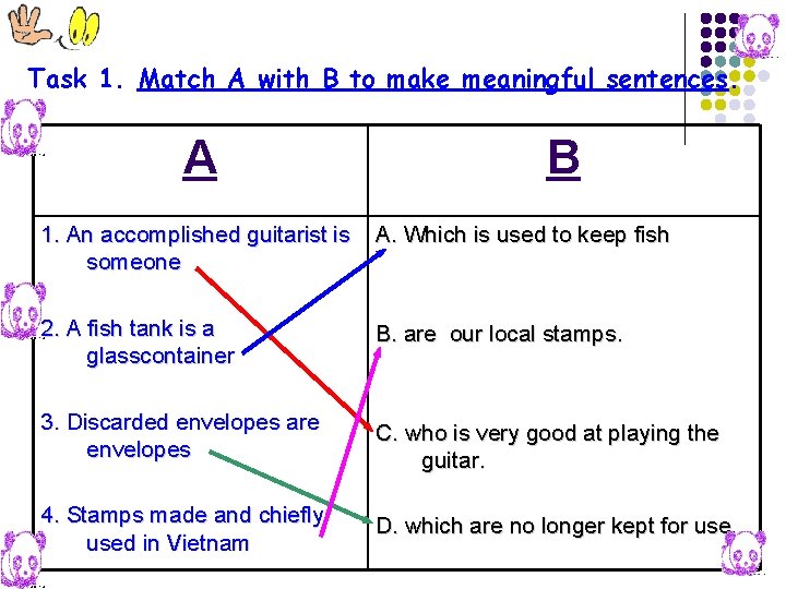 Task 1. Match A with B to make meaningful sentences. A B 1. An