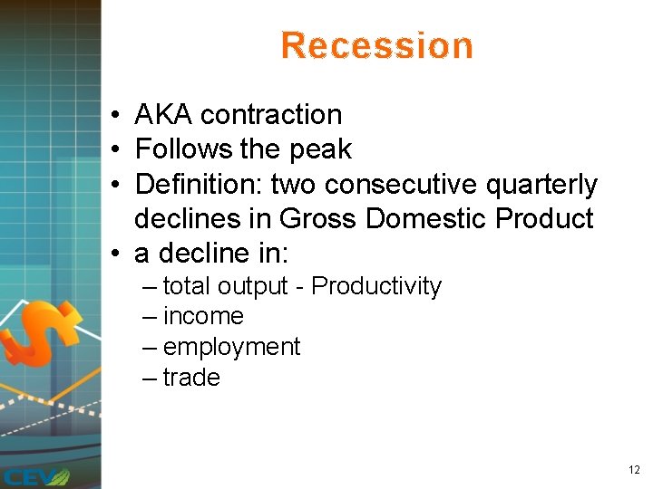 Recession • AKA contraction • Follows the peak • Definition: two consecutive quarterly declines