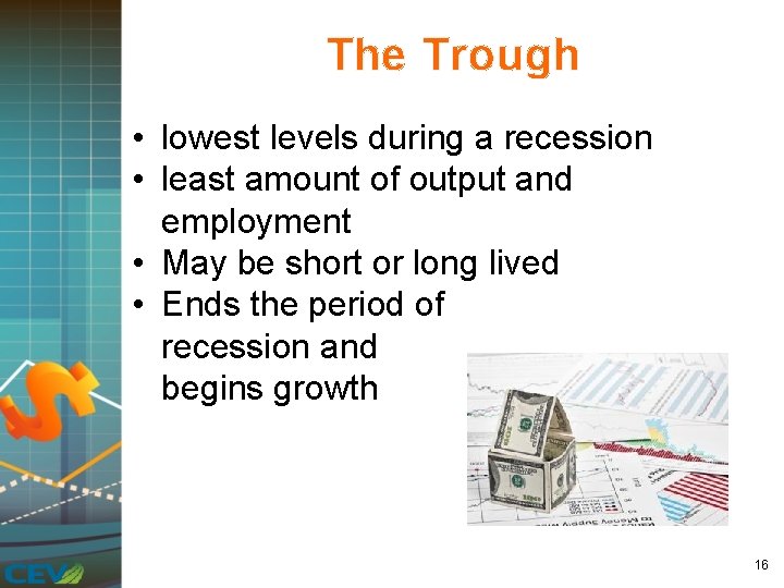 The Trough • lowest levels during a recession • least amount of output and