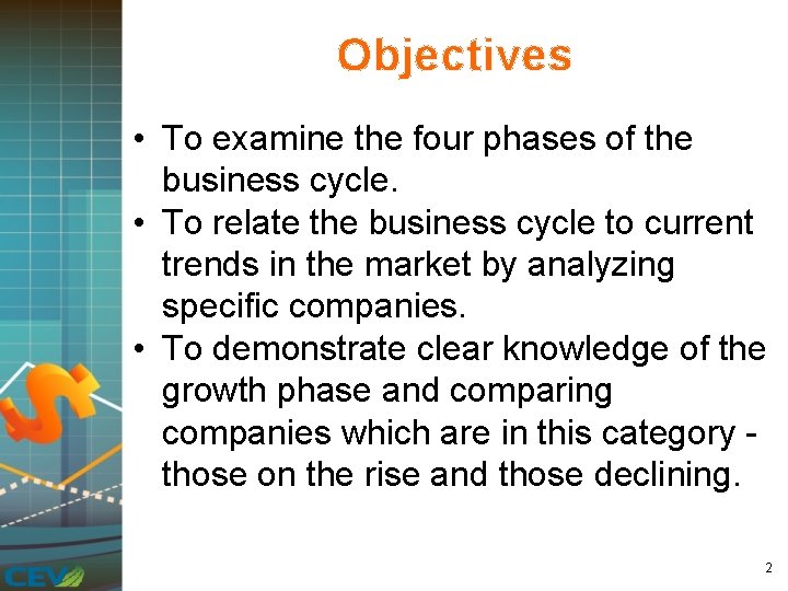 Objectives • To examine the four phases of the business cycle. • To relate