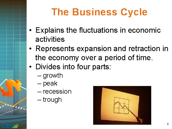 The Business Cycle • Explains the fluctuations in economic activities • Represents expansion and