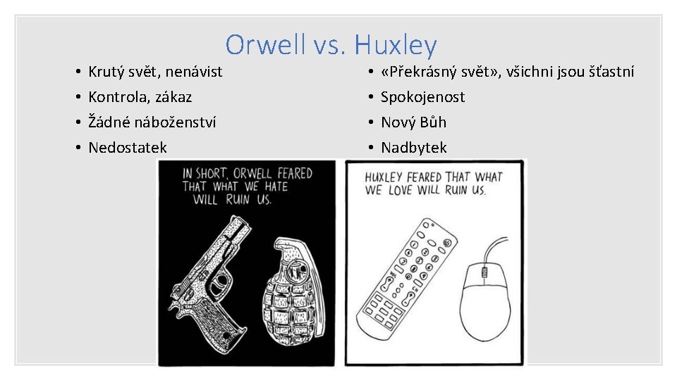  • • Orwell vs. Huxley Krutý svět, nenávist Kontrola, zákaz Žádné náboženství Nedostatek