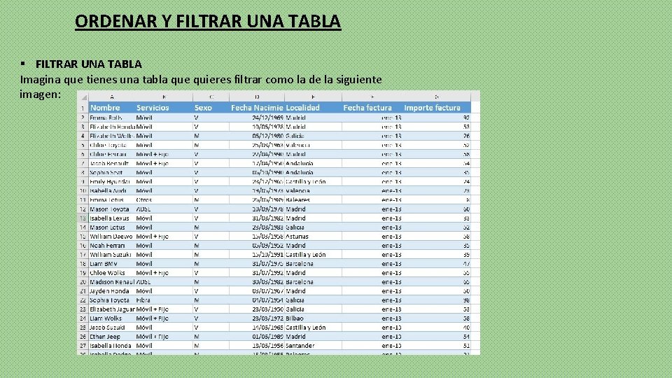 ORDENAR Y FILTRAR UNA TABLA § FILTRAR UNA TABLA Imagina que tienes una tabla