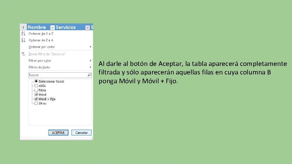 Al darle al botón de Aceptar, la tabla aparecerá completamente filtrada y sólo aparecerán
