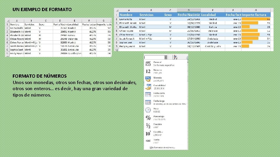 UN EJEMPLO DE FORMATO DE NÚMEROS Unos son monedas, otros son fechas, otros son