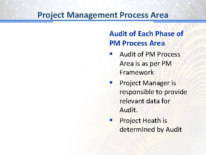 BG # 1 Process Area Project Management Audit of Each Phase of PM Process