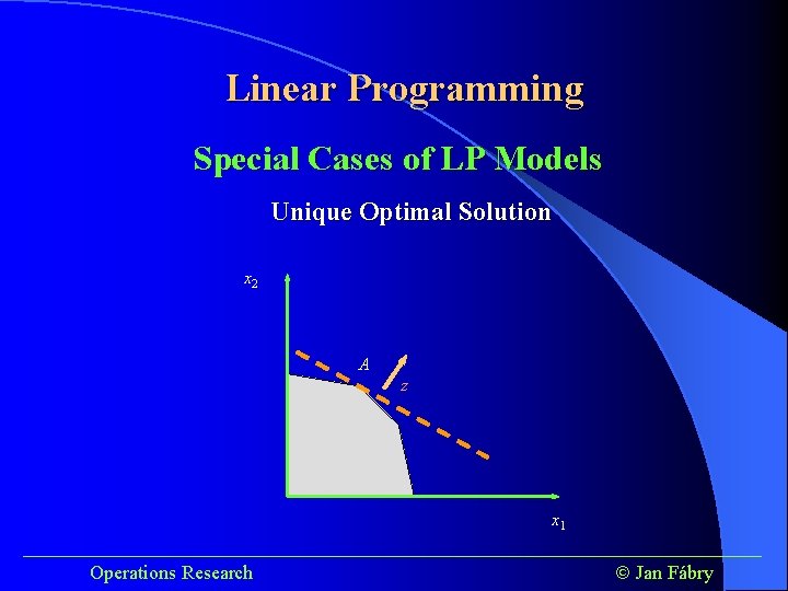 Linear Programming Special Cases of LP Models Unique Optimal Solution x 2 A z