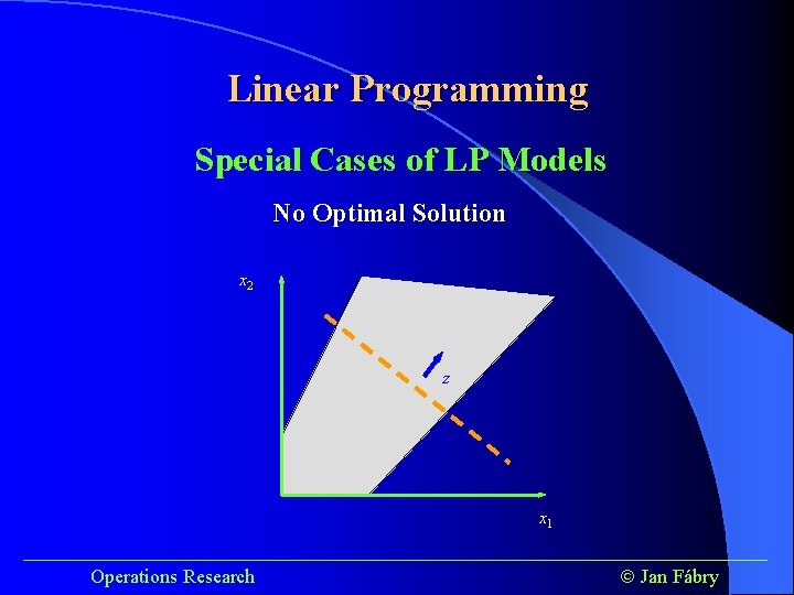 Linear Programming Special Cases of LP Models No Optimal Solution x 2 z x