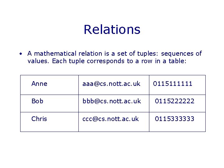 Relations • A mathematical relation is a set of tuples: sequences of values. Each