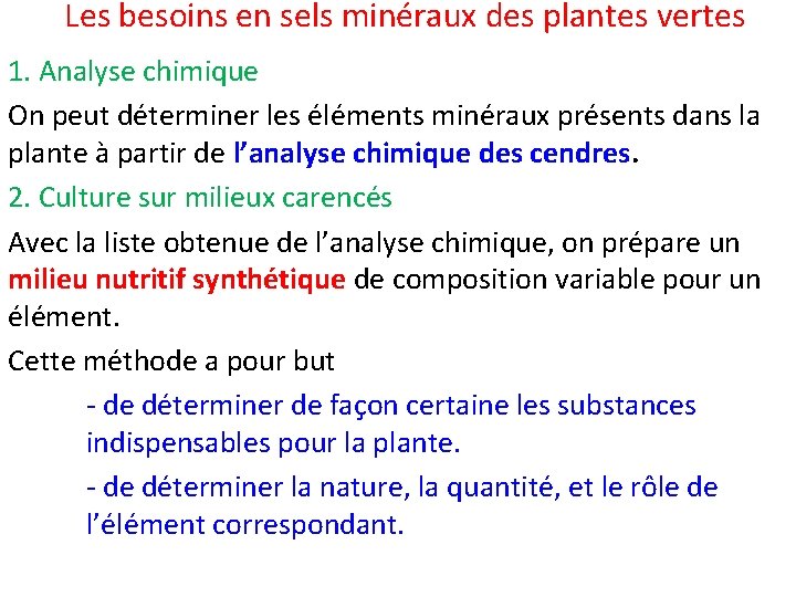 Les besoins en sels minéraux des plantes vertes 1. Analyse chimique On peut déterminer