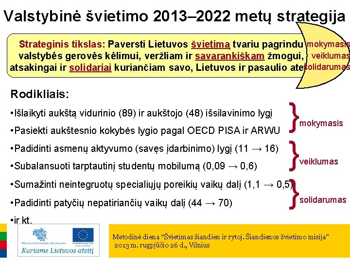 Valstybinė švietimo 2013– 2022 metų strategija Strateginis tikslas: Paversti Lietuvos švietimą tvariu pagrindu mokymasis