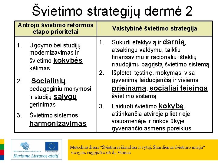 Švietimo strategijų dermė 2 Antrojo švietimo reformos etapo prioritetai 1. 2. Ugdymo bei studijų