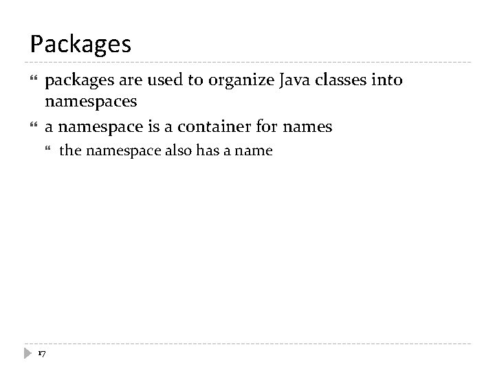 Packages packages are used to organize Java classes into namespaces a namespace is a