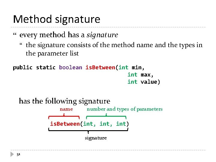 Method signature every method has a signature the signature consists of the method name