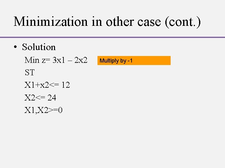 Minimization in other case (cont. ) • Solution Min z= 3 x 1 –