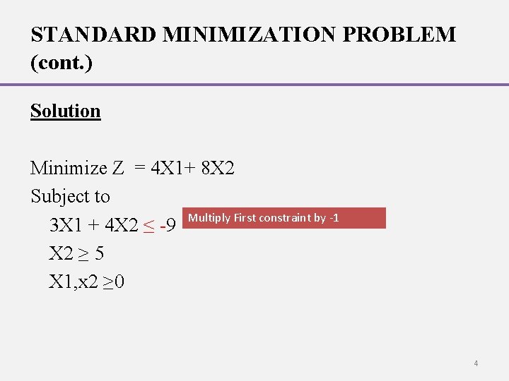 STANDARD MINIMIZATION PROBLEM (cont. ) Solution Minimize Z = 4 X 1+ 8 X STANDARD MINIMIZATION PROBLEM (cont. ) Solution Minimize Z = 4 X 1+ 8 X