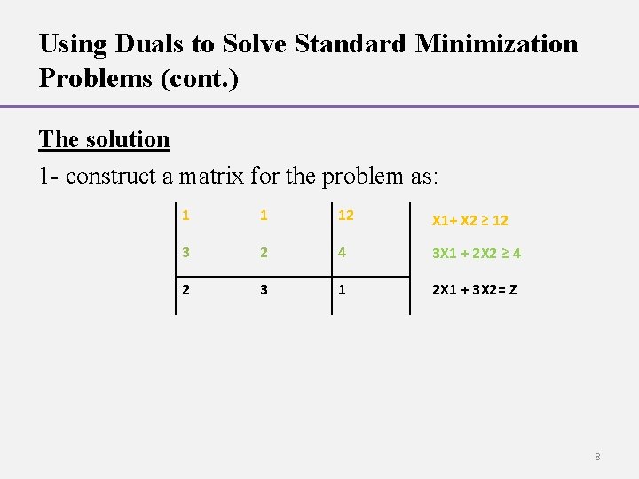 Using Duals to Solve Standard Minimization Problems (cont. ) The solution 1 - construct