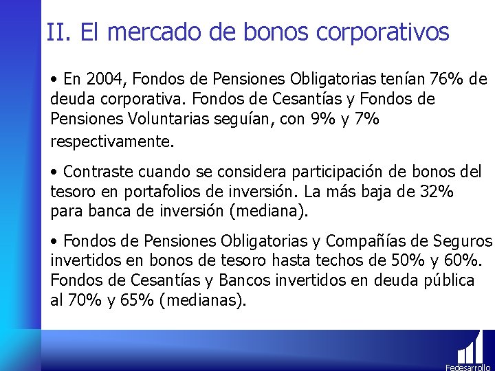 II. El mercado de bonos corporativos • En 2004, Fondos de Pensiones Obligatorias tenían