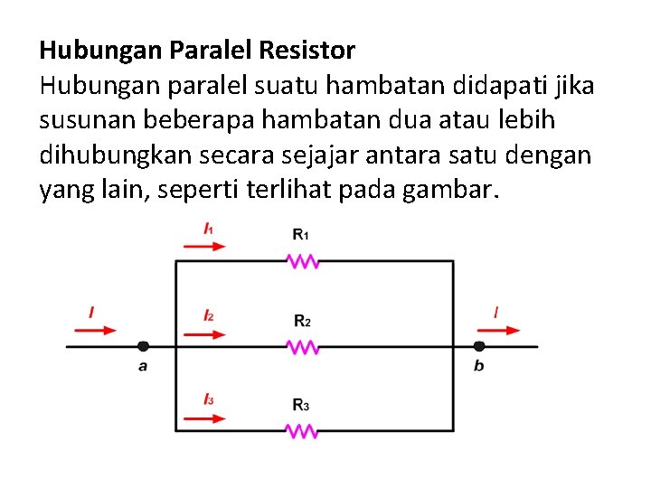 Hubungan Paralel Resistor Hubungan paralel suatu hambatan didapati jika susunan beberapa hambatan dua atau