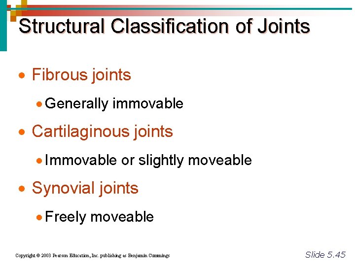 Structural Classification of Joints · Fibrous joints · Generally immovable · Cartilaginous joints ·