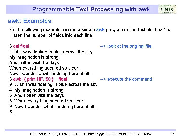 Programmable Text Processing with awk: Examples • In the following example, we run a