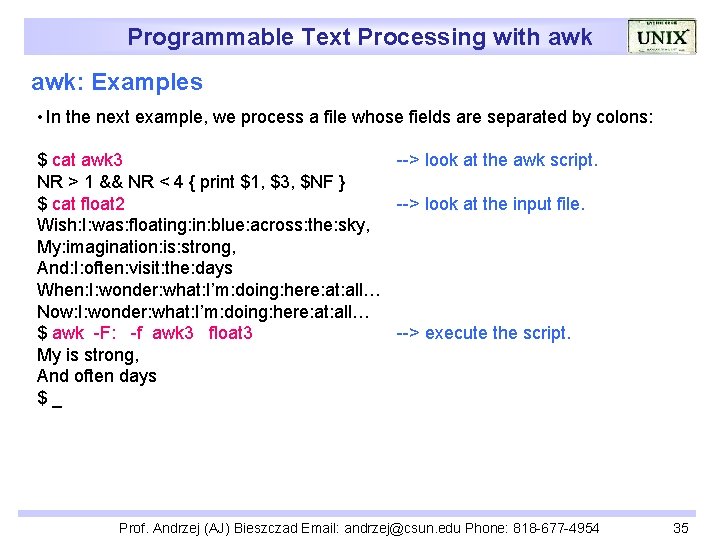 Programmable Text Processing with awk: Examples • In the next example, we process a