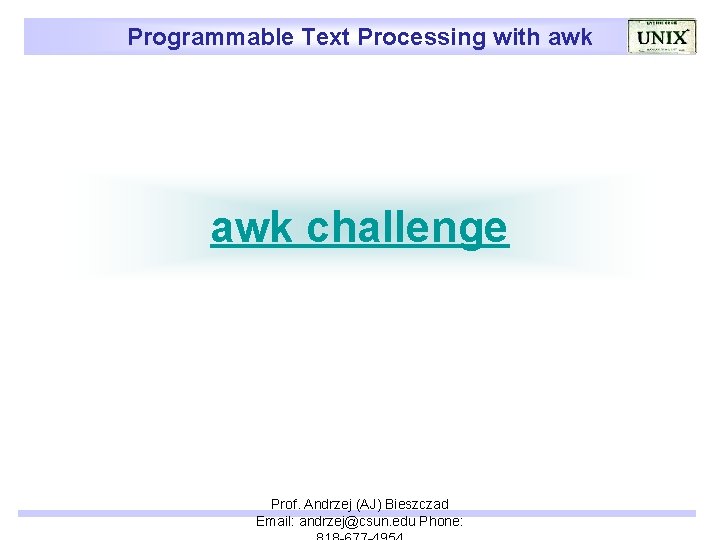 Programmable Text Processing with awk challenge Prof. Andrzej (AJ) Bieszczad Email: andrzej@csun. edu Phone: