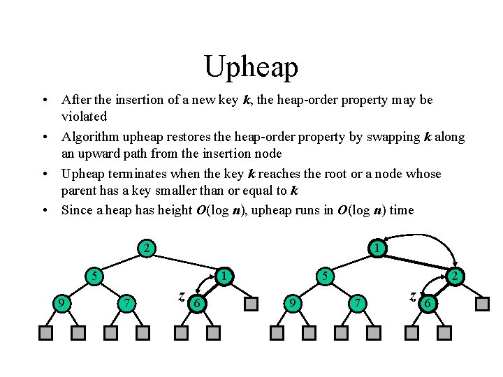 Upheap • After the insertion of a new key k, the heap-order property may