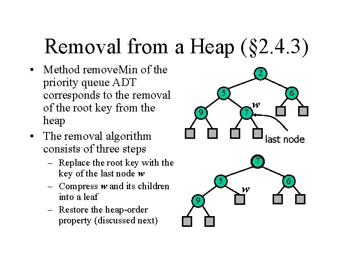 Removal from a Heap (§ 2. 4. 3) • Method remove. Min of the
