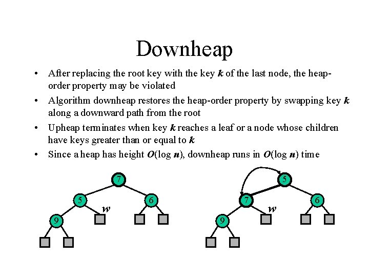 Downheap • After replacing the root key with the key k of the last