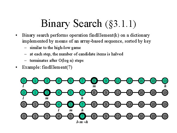 Binary Search (§ 3. 1. 1) • Binary search performs operation find. Element(k) on