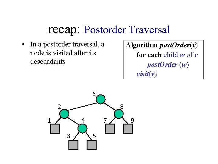 recap: Postorder Traversal • In a postorder traversal, a node is visited after its