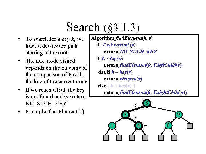 Search (§ 3. 1. 3) • To search for a key k, we Algorithm