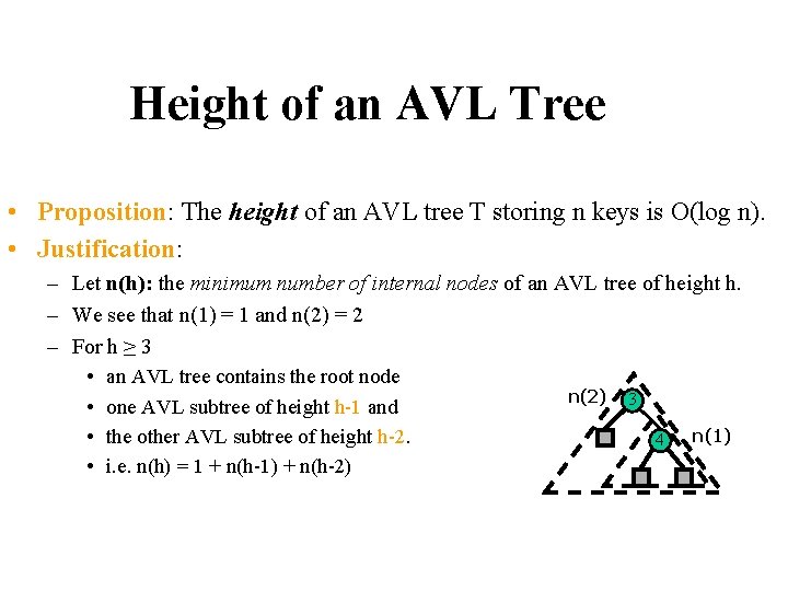Height of an AVL Tree • Proposition: The height of an AVL tree T