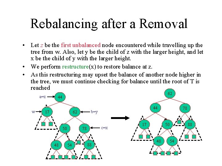 Rebalancing after a Removal • Let z be the first unbalanced node encountered while