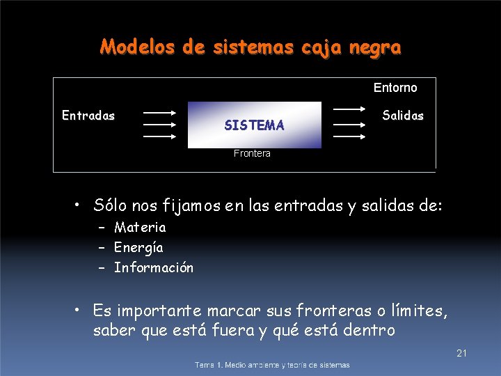 Modelos de sistemas caja negra Entorno Entradas SISTEMA Salidas Frontera • Sólo nos fijamos