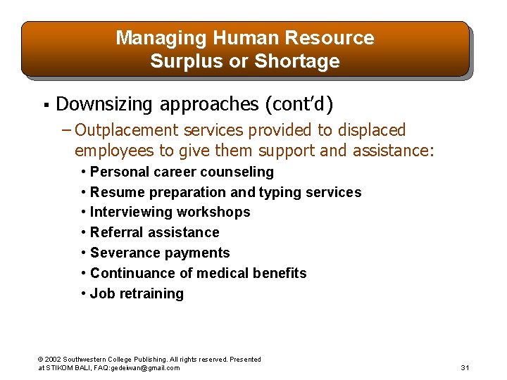 Managing Human Resource Surplus or Shortage § Downsizing approaches (cont’d) – Outplacement services provided