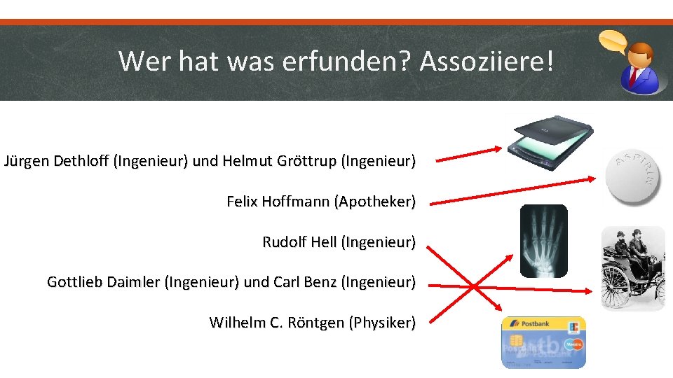 Wer hat was erfunden? Assoziiere! Jürgen Dethloff (Ingenieur) und Helmut Gröttrup (Ingenieur) Felix Hoffmann