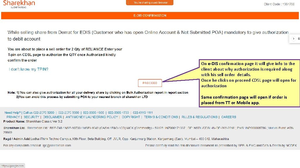 On e-DIS confirmation page it will give info to the client about why authorization